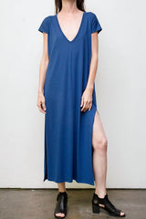 Maxi V Neck Dress - Organic Cotton - Blue