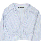 ZARA Womens Blue & Pink Stripe Shirt M Cropped Button Up Long Sleeve