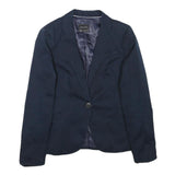 ZARA Womens Navy Blue Basic Blazer Jacket XS Cotton Blend Button Closure