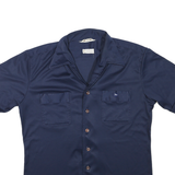 Mens Navy Blue Plain Shirt Button Short Sleeve M Polyester Blend Casual