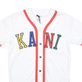 KARL KANI Mens White Red KANI Graphic T-Shirt S Short Sleeve V-Neck Button