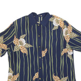 FELICIA Womens Blue Green Floral Striped Shirt Short Sleeve Collared L Relaxed