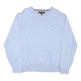 TOMMY HILFIGER Mens Light Blue Plain V-Neck Basic Knit Jumper L Cotton Blend