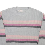 SO Womens Grey Pink Striped Plain Crew Neck Basic Knit Jumper S Casual Cotton