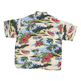 BIG DOG Mens Blue & Cream Hawaiian Shirt XL Retro Beach Cars Palm Trees