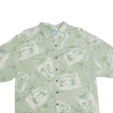 BERMUDA BAY Mens Green Palm Trees Postcard Print Silk Shirt XL Hawaiian Tropical
