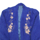 Womens Blue Floral Embroidered Knit Jacket M Mohair Blend Open Front Casual