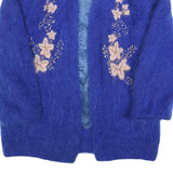 Womens Blue Floral Embroidered Knit Jacket M Mohair Blend Open Front Casual