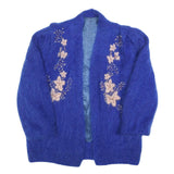 Womens Blue Floral Embroidered Knit Jacket M Mohair Blend Open Front Casual