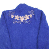 Womens Blue Floral Embroidered Knit Jacket M Mohair Blend Open Front Casual