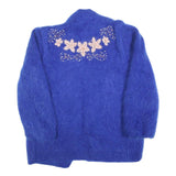 Womens Blue Floral Embroidered Knit Jacket M Mohair Blend Open Front Casual