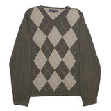 TOMMY HILFIGER Mens Brown & Beige Patterned Cotton Jumper V-Neck Basic Knit L
