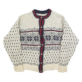 LL BEAN Womens Cream Navy & Red Patterned Wool Button Up Chunky Knit XL Winter