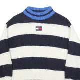 TOMMY JEANS Womens Navy & White Striped Jumper Crew Neck Chunky Knit XXS Wool