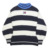 TOMMY JEANS Womens Navy & White Striped Jumper Crew Neck Chunky Knit XXS Wool