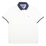 TOMMY HILFIGER Mens White & Navy Polo Shirt M Cotton Blend Classic Fit Short