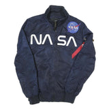 ALPHA INDUSTRIES Mens Navy Blue Flight Jacket S Polyester NASA Print Zip Bomber