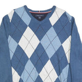 TOMMY HILFIGER Mens Blue & White Argyle Patterned Cotton Jumper V-Neck M