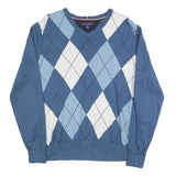 TOMMY HILFIGER Mens Blue & White Argyle Patterned Cotton Jumper V-Neck M