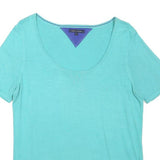 TOMMY HILFIGER Womens Aqua Plain Cotton Blend Jumper L Short Sleeve Round Neck