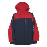 TOMMY HILFIGER Womens Red & Navy Hooded Zip Jacket S Polyester Blend Logo Print