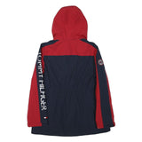 TOMMY HILFIGER Womens Red & Navy Hooded Zip Jacket S Polyester Blend Logo Print