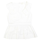KATE SPADE Womens White Ruffle Sleeveless V-Neck Cotton Blend Top M Peplum