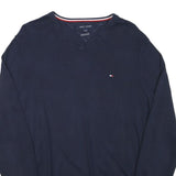 TOMMY HILFIGER Mens Navy Blue Plain Cotton Blend Jumper V-Neck Basic Knit M