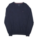 TOMMY HILFIGER Mens Navy Blue Plain Cotton Blend Jumper V-Neck Basic Knit M