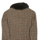 Womens Brown Wool Blend Button Jacket XS Check Tweed Faux Fur Collar Vintage
