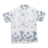 BARON Mens White & Blue Tropical Print Cotton Blend Shirt XL Casual Short Sleeve