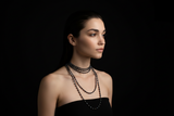 Beaded Pearl Necklace on model - 44 inches