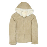 Womens Beige Suede Hooded Zip Jacket XS Soft Shearling Lined Casual Outerwear