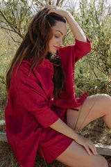Women's Oversized Linen Shirt - Garnet Red