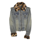 PARASUCO Womens Blue Cotton Blend Denim Jacket S Faux Fur Collar Cuffs Zip