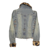 PARASUCO Womens Blue Cotton Blend Denim Jacket S Faux Fur Collar Cuffs Zip