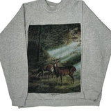 Deer In Forest Print Hanes Graphic Sweatshirt - Large Grey Cotton Blend