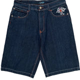 Cross And Flames Jinzu Graphic Denim Shorts - 34W 13L Dark Wash Cotton