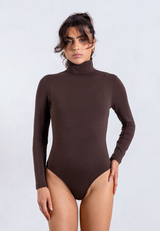 Organic Cotton Long Sleeve Roll-Neck Bodysuit, Hot Fudge