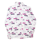 Womens White & Pink Dog Print Shirt Long Sleeve Point Collar S Polyester Blend