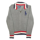 POLO RALPH LAUREN Womens Grey Navy & Red Patterned Cotton Jumper Zip Up Cable