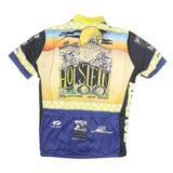 VOLEA Mens Blue Black & Yellow Holstein Graphic T-Shirt L Short Sleeve 1/4 Zip