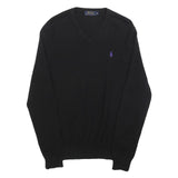 POLO RALPH LAUREN Mens Black Plain V-Neck Basic Knit Jumper Wool M Classic Style