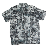 Womens Black & Grey Graphic Print Polyester Shirt M Button Collar Short Sleeve