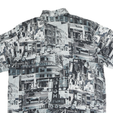 Womens Black & Grey Graphic Print Polyester Shirt M Button Collar Short Sleeve