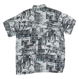 Womens Black & Grey Graphic Print Polyester Shirt M Button Collar Short Sleeve