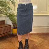 Re&X Embroidered Denim Skirt - 32W UK 12 Blue Cotton