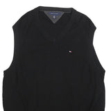 TOMMY HILFIGER Mens Black Plain Cotton Sleeveless V-Neck Jumper XL Classic