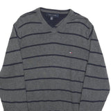 TOMMY HILFIGER Mens Grey & Navy Striped Pattern Cotton Blend Jumper V-Neck Basic