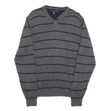 TOMMY HILFIGER Mens Grey & Navy Striped Pattern Cotton Blend Jumper V-Neck Basic